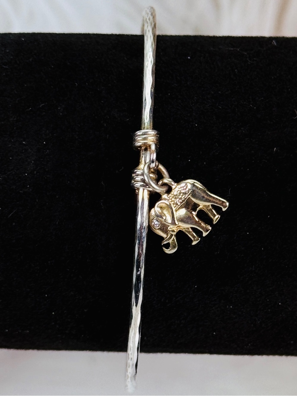 Vintage aged, goldish, silvertone, minimalist, elephant, charm cuff bracelet